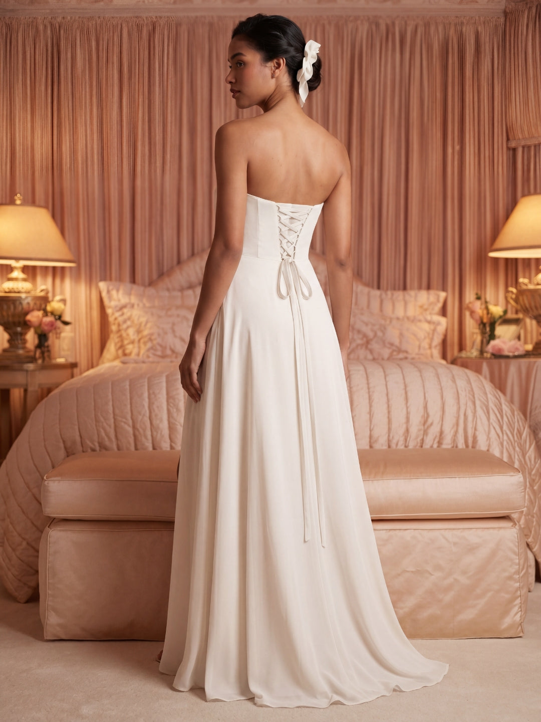 Sweet & Flowy Ivory Chiffon A-Line Sweetheart Criss-Cross Straps with Pleated Ankle-Length Bridesmaid Dress