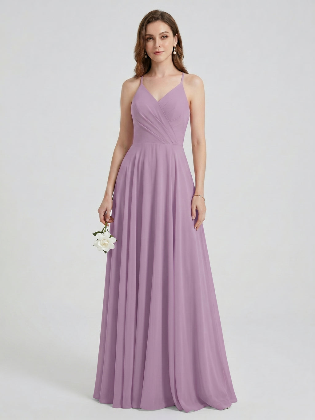 Sweet & Flowy Lavender Chiffon A-Line V-Neck Back Zip with Pleated Ankle-Length Bridesmaid Dress