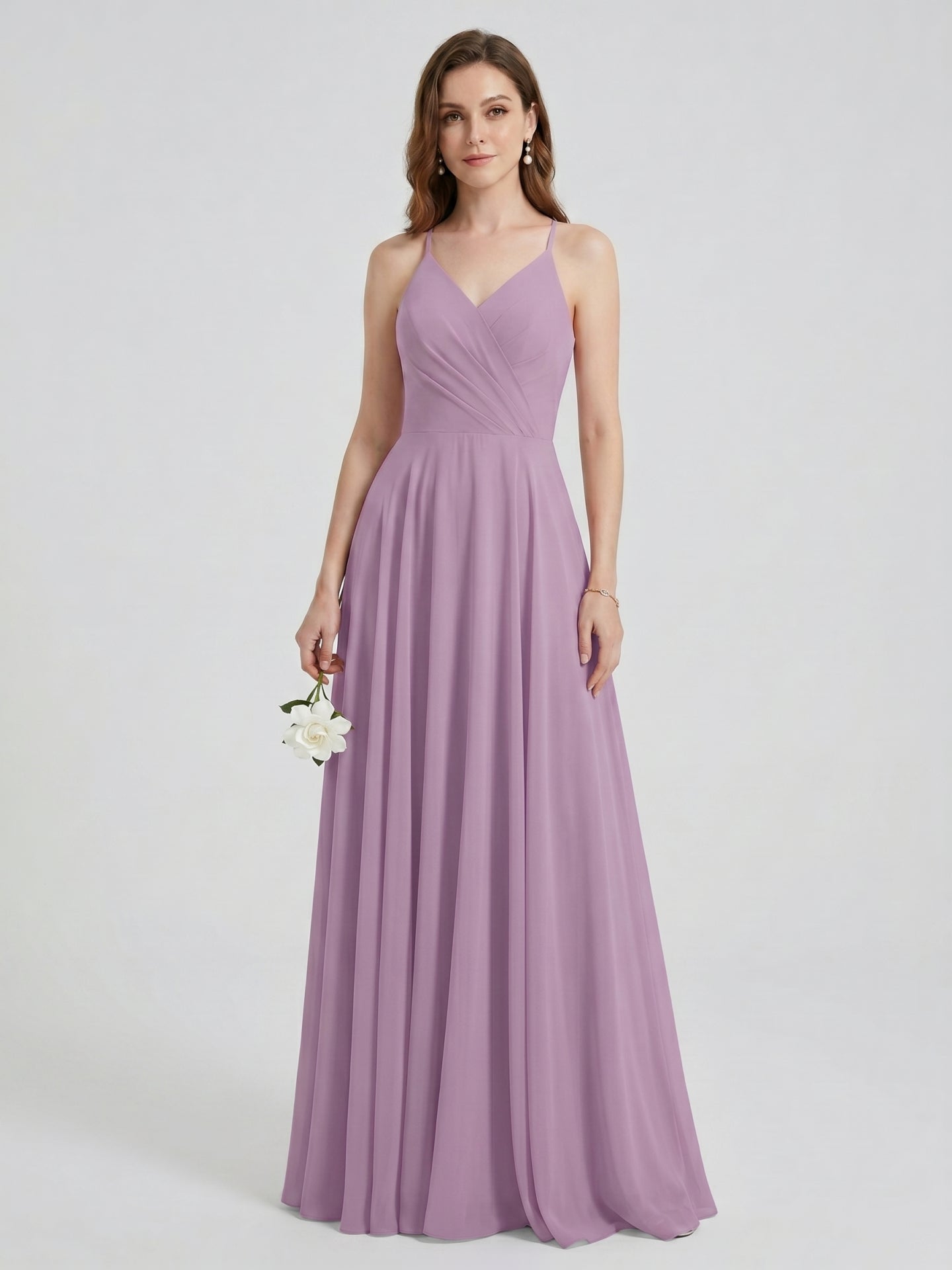 Sweet & Flowy Lavender Chiffon A-Line V-Neck Back Zip with Pleated Ankle-Length Bridesmaid Dress