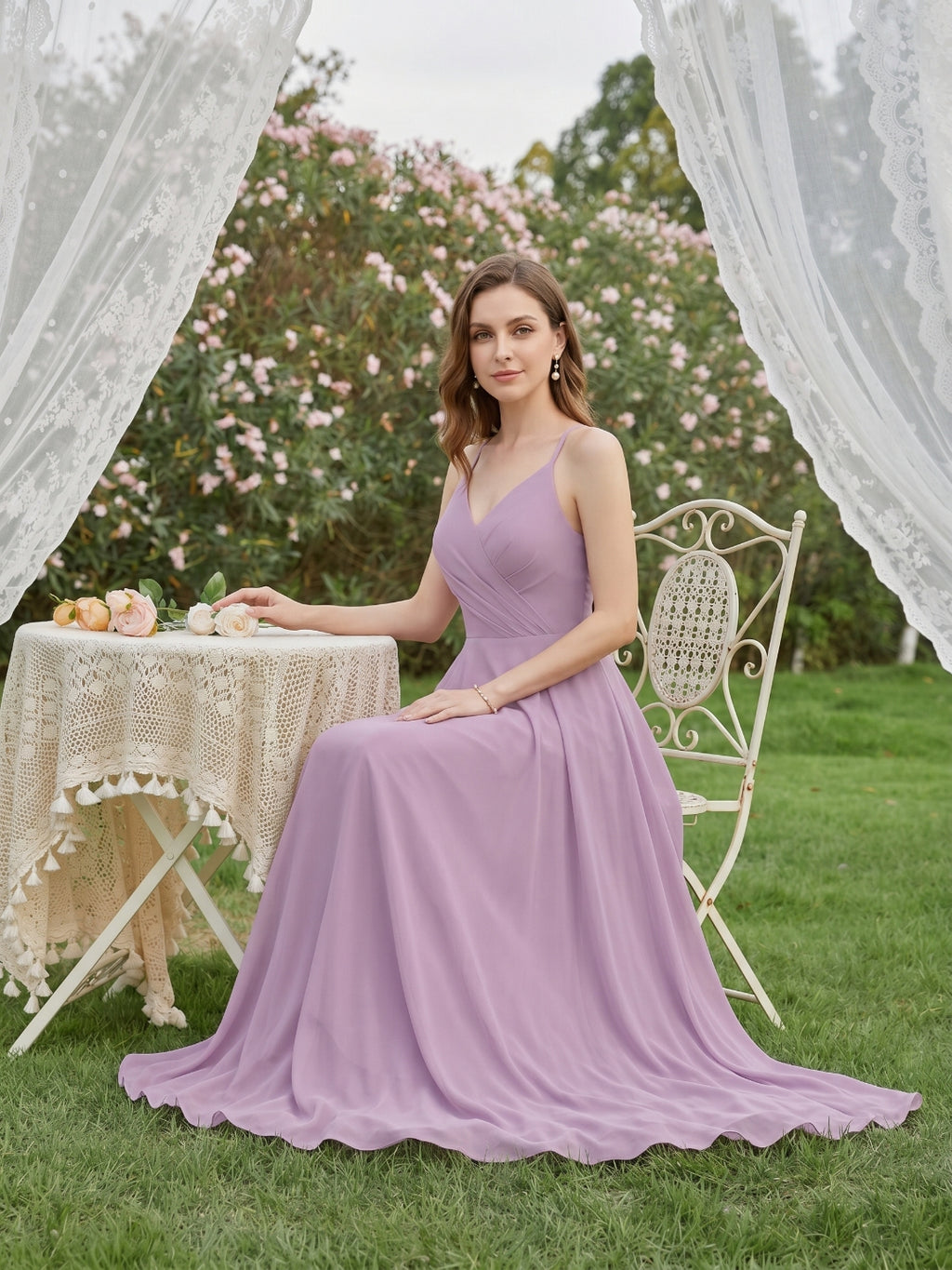 Sweet & Flowy Lavender Chiffon A-Line V-Neck Back Zip with Pleated Ankle-Length Bridesmaid Dress