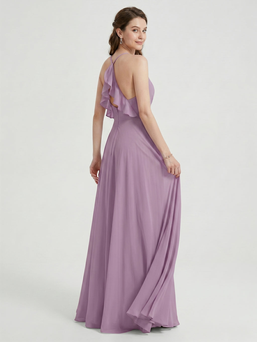 Sweet & Flowy Lavender Chiffon A-Line V-Neck Back Zip with Pleated Ankle-Length Bridesmaid Dress