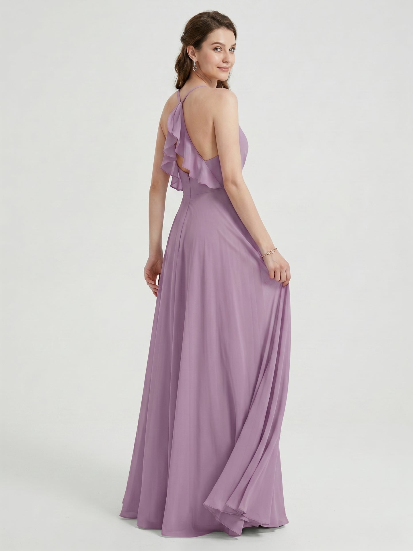 Sweet & Flowy Lavender Chiffon A-Line V-Neck Back Zip with Pleated Ankle-Length Bridesmaid Dress