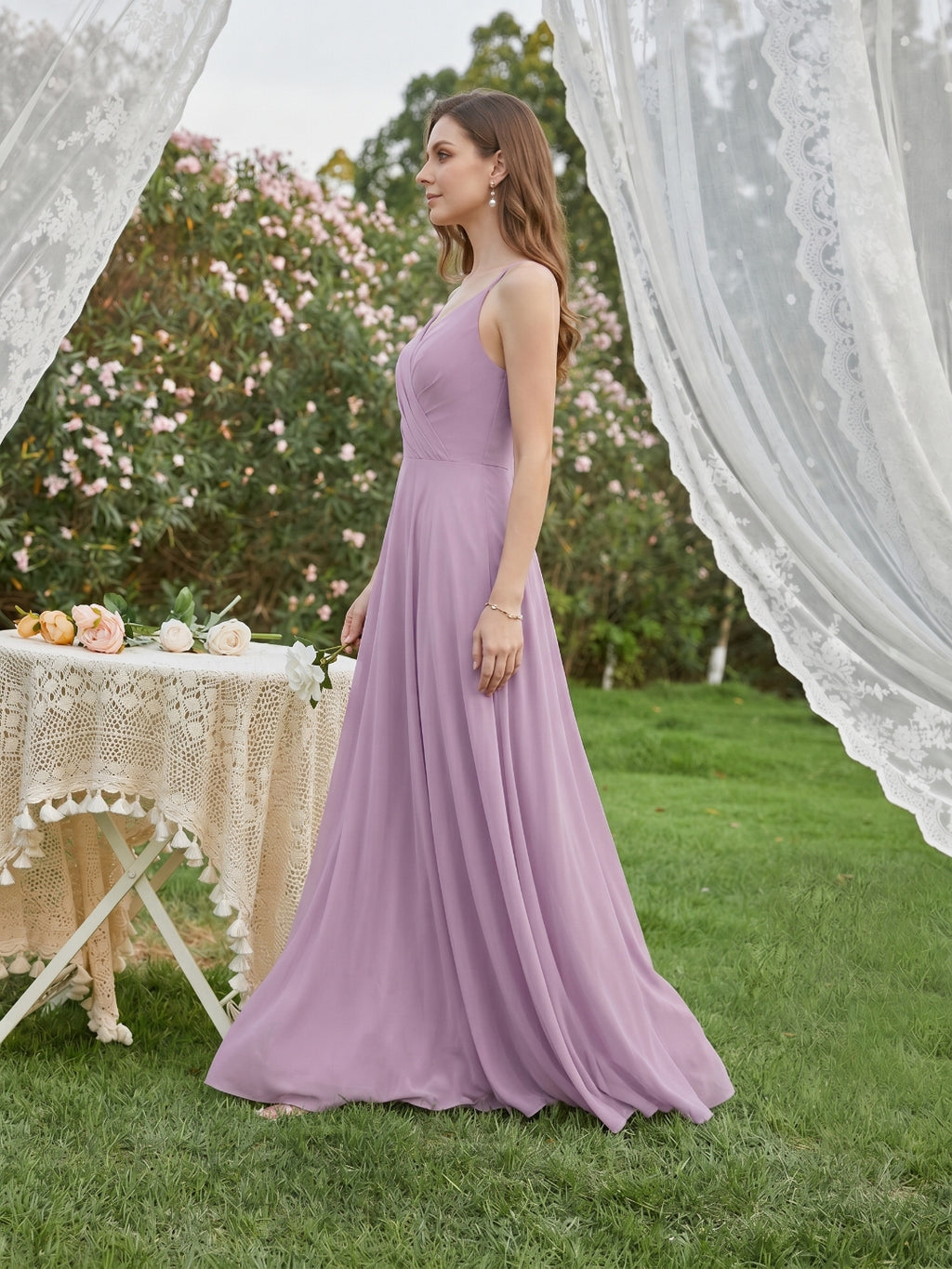 Sweet & Flowy Lavender Chiffon A-Line V-Neck Back Zip with Pleated Ankle-Length Bridesmaid Dress