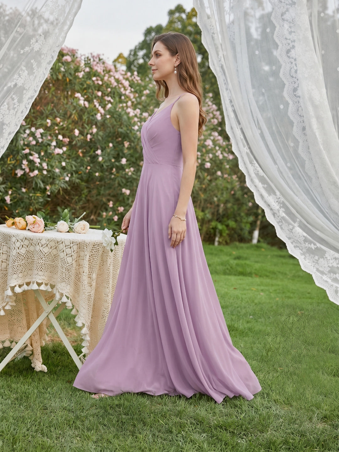Sweet & Flowy Lavender Chiffon A-Line V-Neck Back Zip with Pleated Ankle-Length Bridesmaid Dress