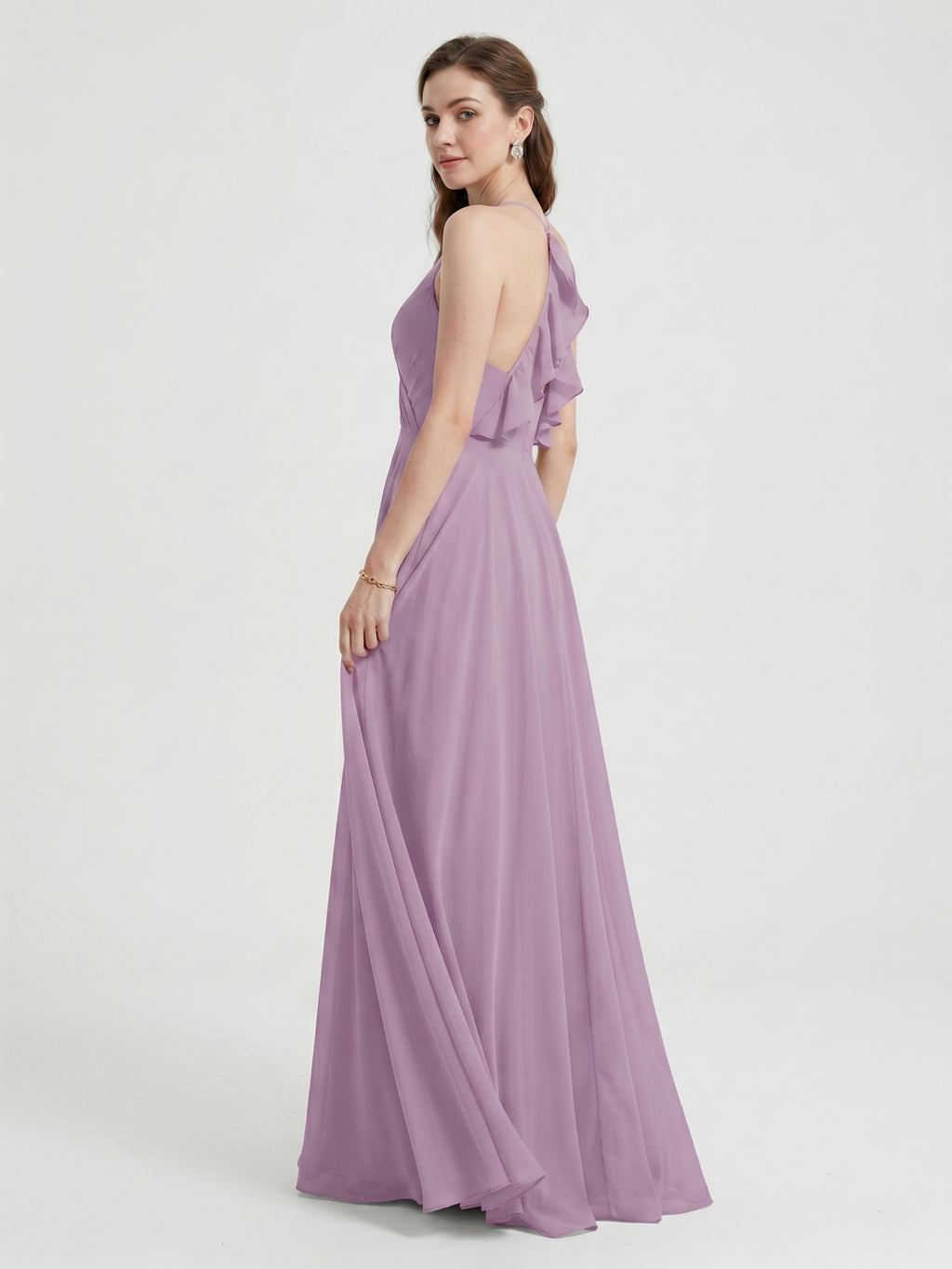 Sweet & Flowy Lavender Chiffon A-Line V-Neck Back Zip with Pleated Ankle-Length Bridesmaid Dress