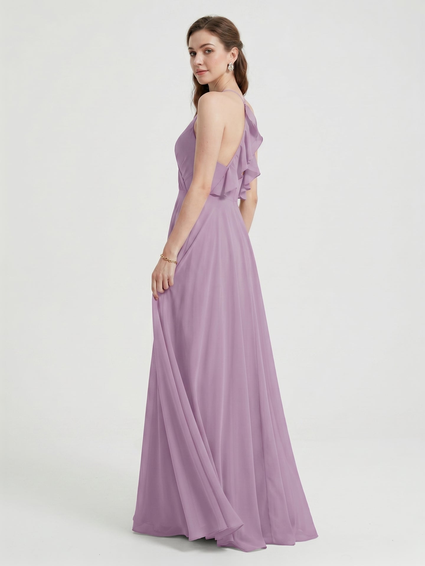 Sweet & Flowy Lavender Chiffon A-Line V-Neck Back Zip with Pleated Ankle-Length Bridesmaid Dress