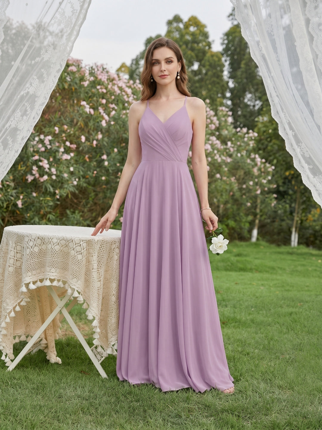 Sweet & Flowy Lavender Chiffon A-Line V-Neck Back Zip with Pleated Ankle-Length Bridesmaid Dress