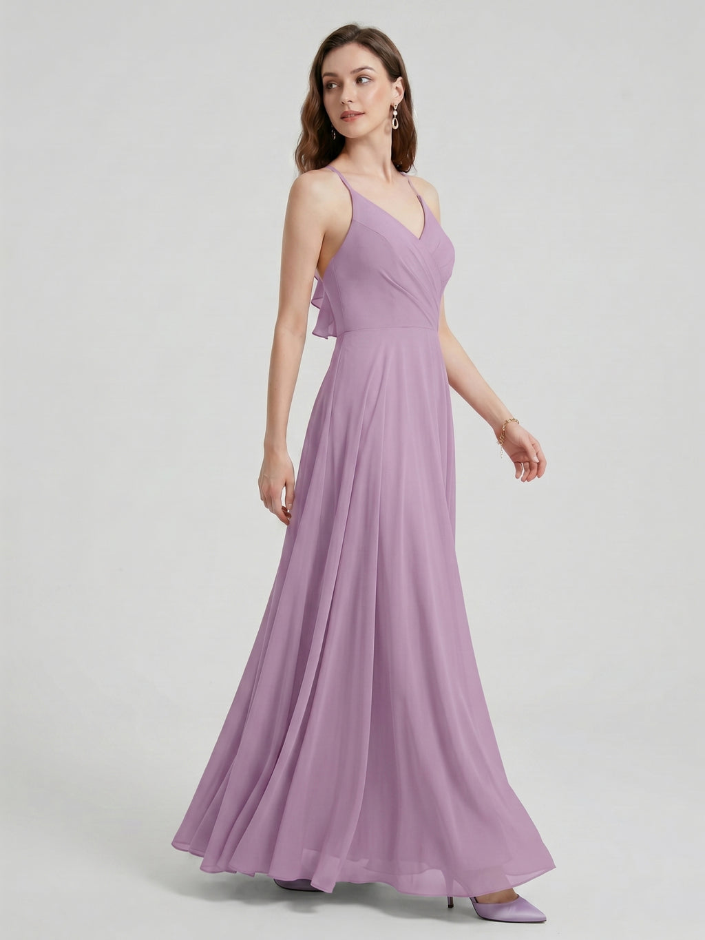 Sweet & Flowy Lavender Chiffon A-Line V-Neck Back Zip with Pleated Ankle-Length Bridesmaid Dress
