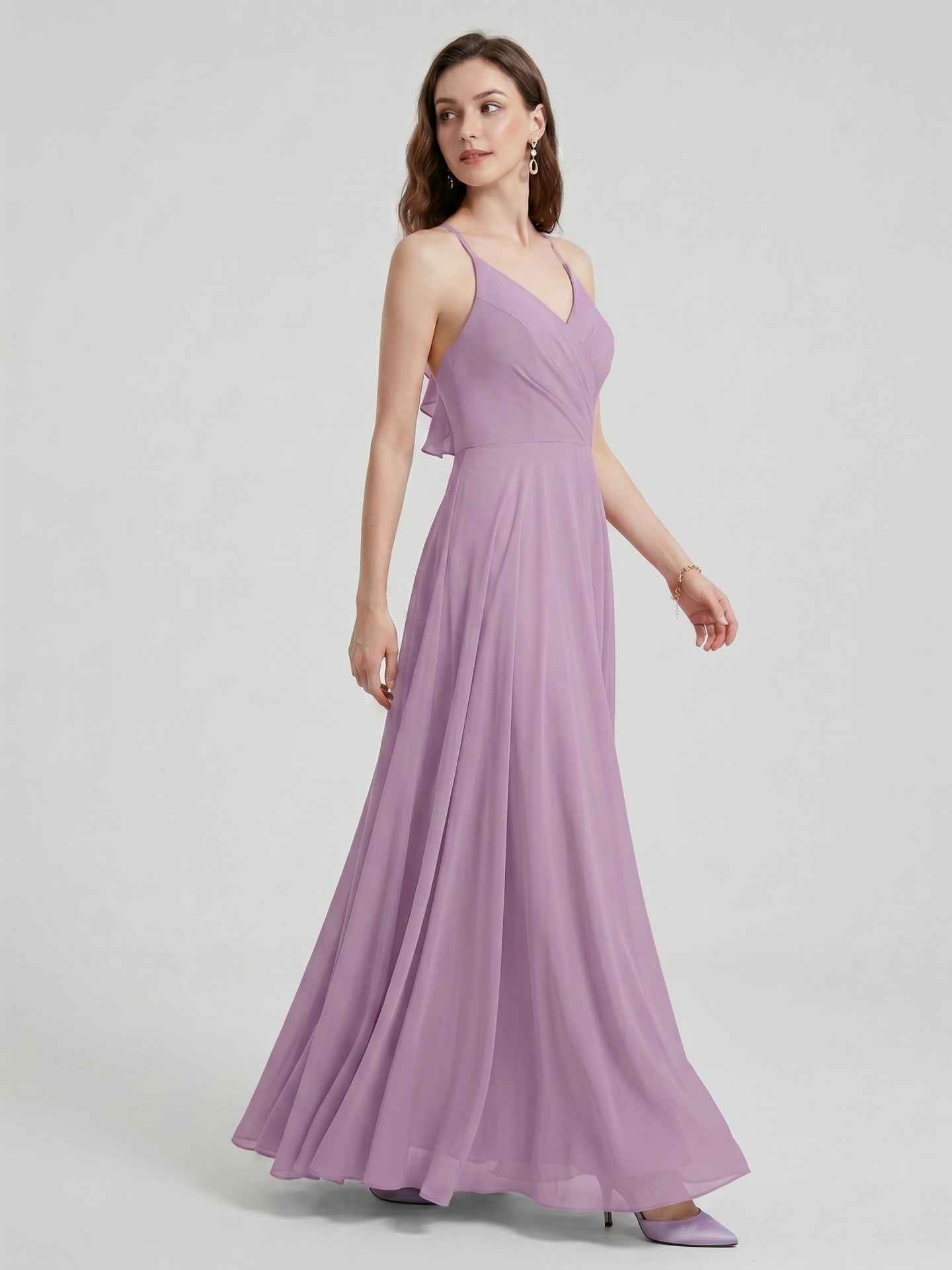 Sweet & Flowy Lavender Chiffon A-Line V-Neck Back Zip with Pleated Ankle-Length Bridesmaid Dress