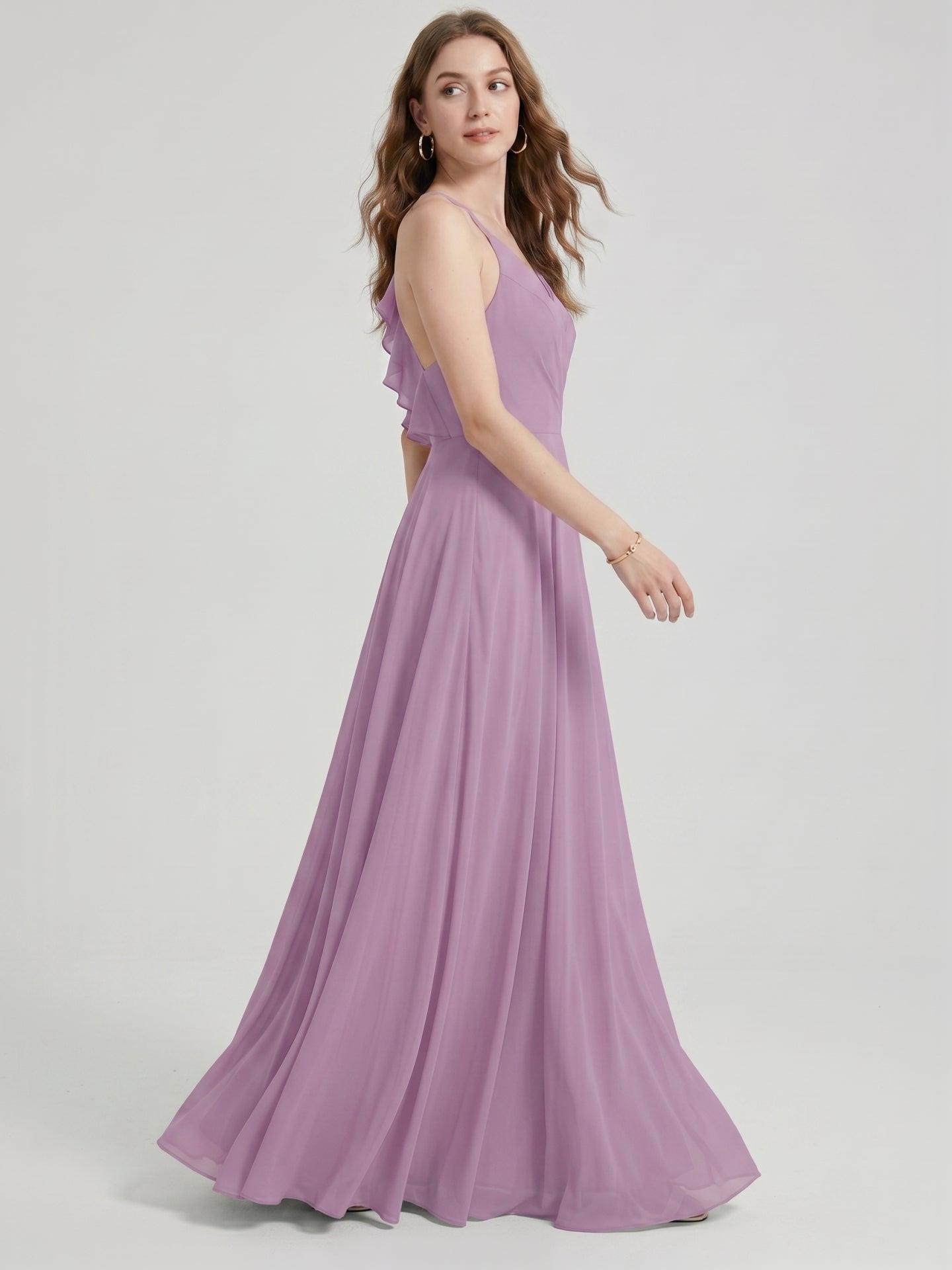 Sweet & Flowy Lavender Chiffon A-Line V-Neck Back Zip with Pleated Ankle-Length Bridesmaid Dress