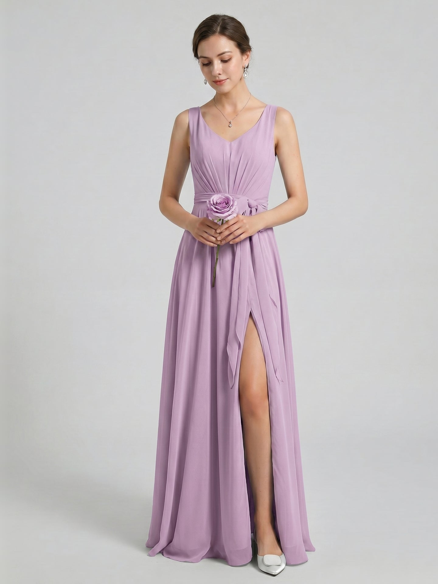 Sweet & Flowy Lavender Chiffon A-Line V-Neck V-Back with Pleated Ankle-Length Bridesmaid Dress