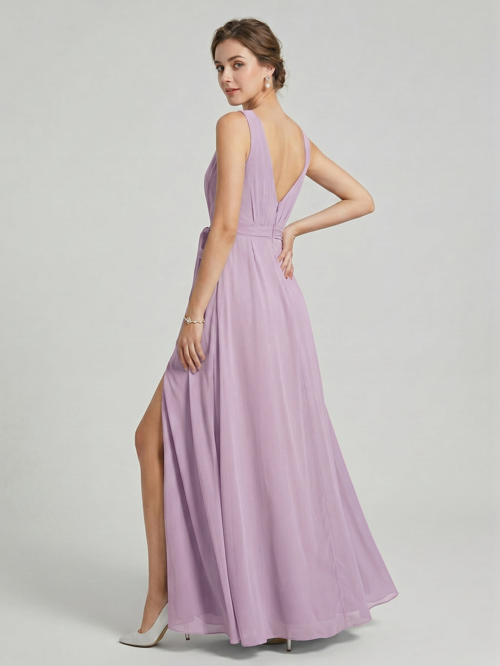 Sweet & Flowy Lavender Chiffon A-Line V-Neck V-Back with Pleated Ankle-Length Bridesmaid Dress