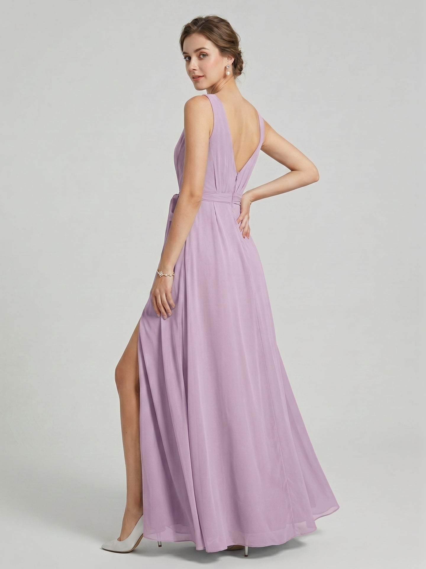Sweet & Flowy Lavender Chiffon A-Line V-Neck V-Back with Pleated Ankle-Length Bridesmaid Dress