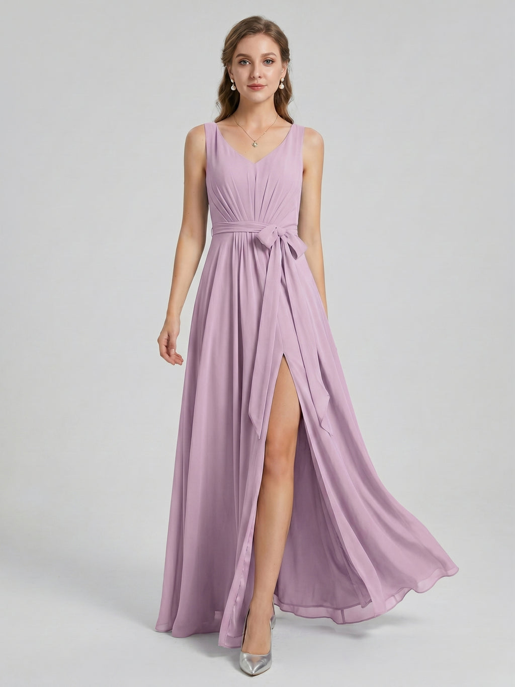 Sweet & Flowy Lavender Chiffon A-Line V-Neck V-Back with Pleated Ankle-Length Bridesmaid Dress