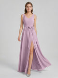 Sweet & Flowy Lavender Chiffon A-Line V-Neck V-Back with Pleated Ankle-Length Bridesmaid Dress