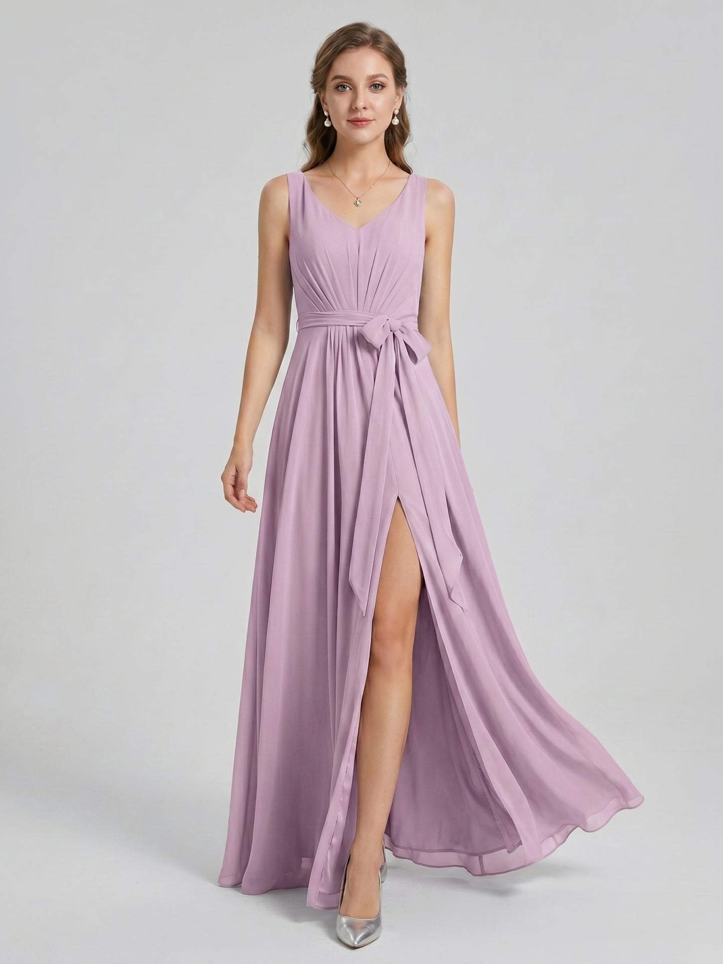 Sweet & Flowy Lavender Chiffon A-Line V-Neck V-Back with Pleated Ankle-Length Bridesmaid Dress