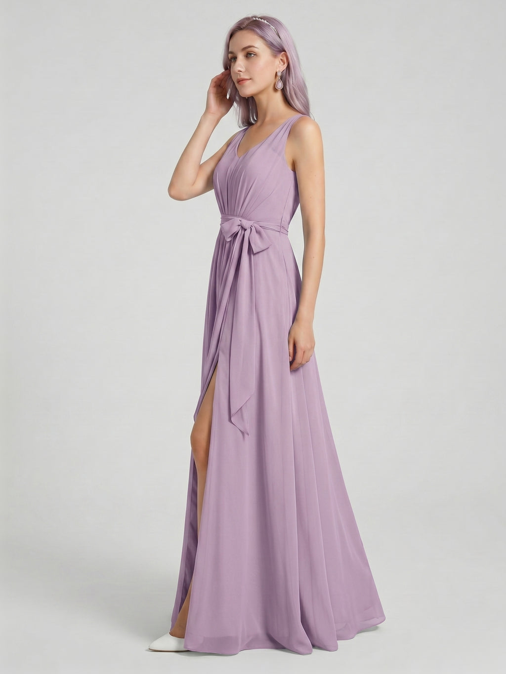 Sweet & Flowy Lavender Chiffon A-Line V-Neck V-Back with Pleated Ankle-Length Bridesmaid Dress
