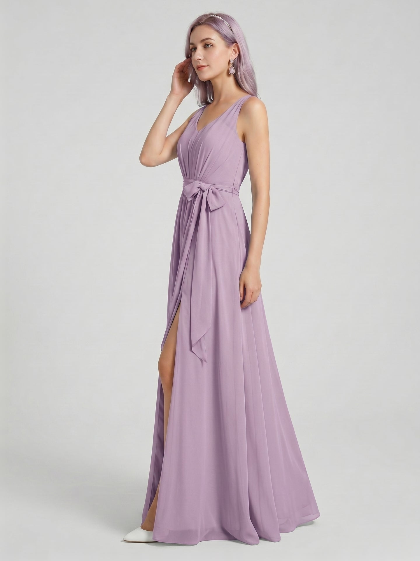 Sweet & Flowy Lavender Chiffon A-Line V-Neck V-Back with Pleated Ankle-Length Bridesmaid Dress