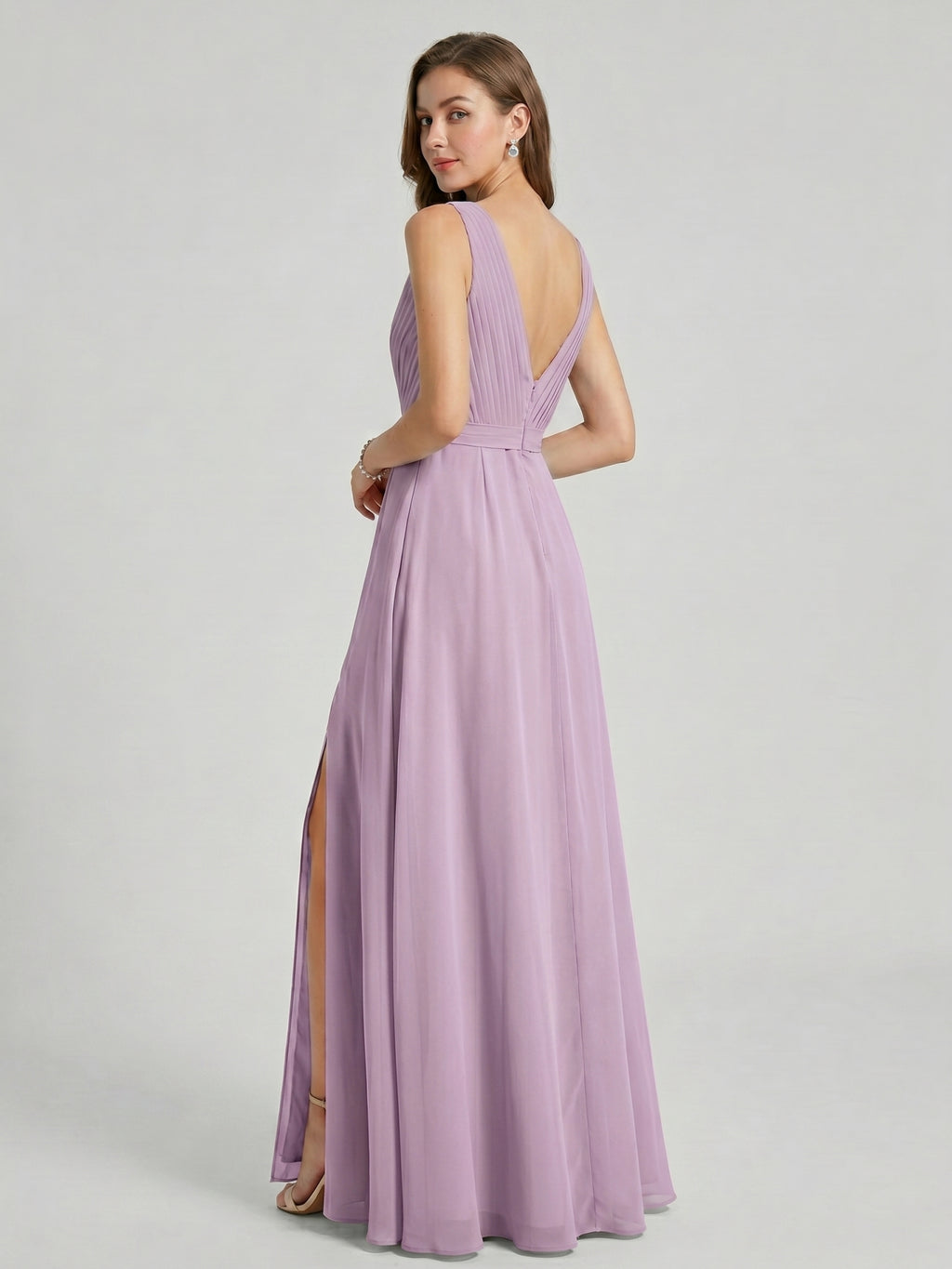 Sweet & Flowy Lavender Chiffon A-Line V-Neck V-Back with Pleated Ankle-Length Bridesmaid Dress