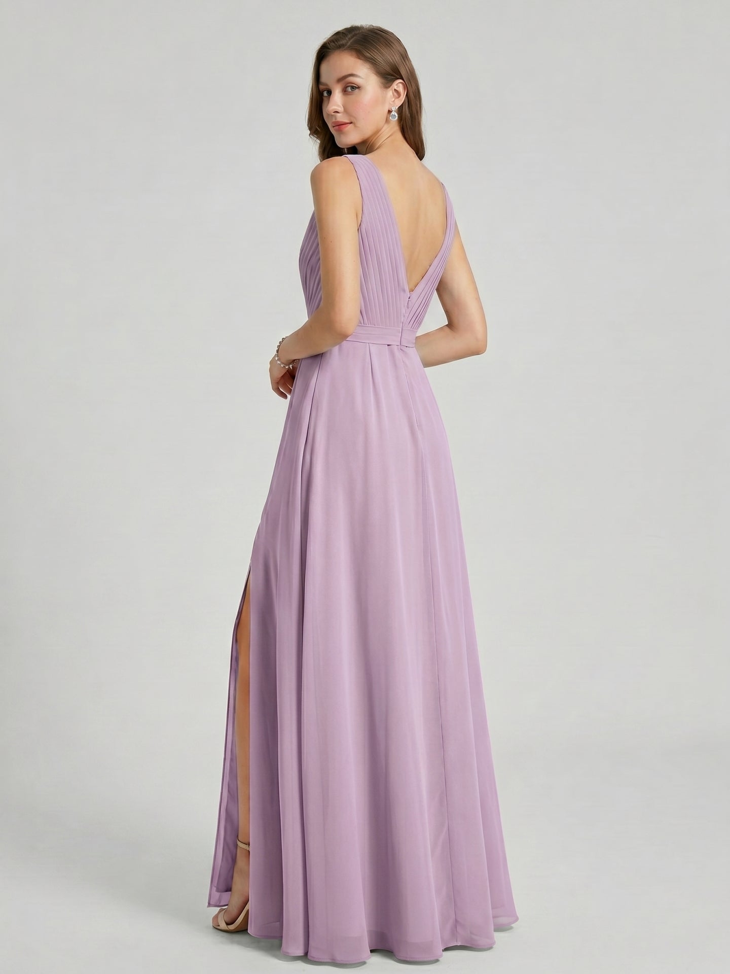 Sweet & Flowy Lavender Chiffon A-Line V-Neck V-Back with Pleated Ankle-Length Bridesmaid Dress