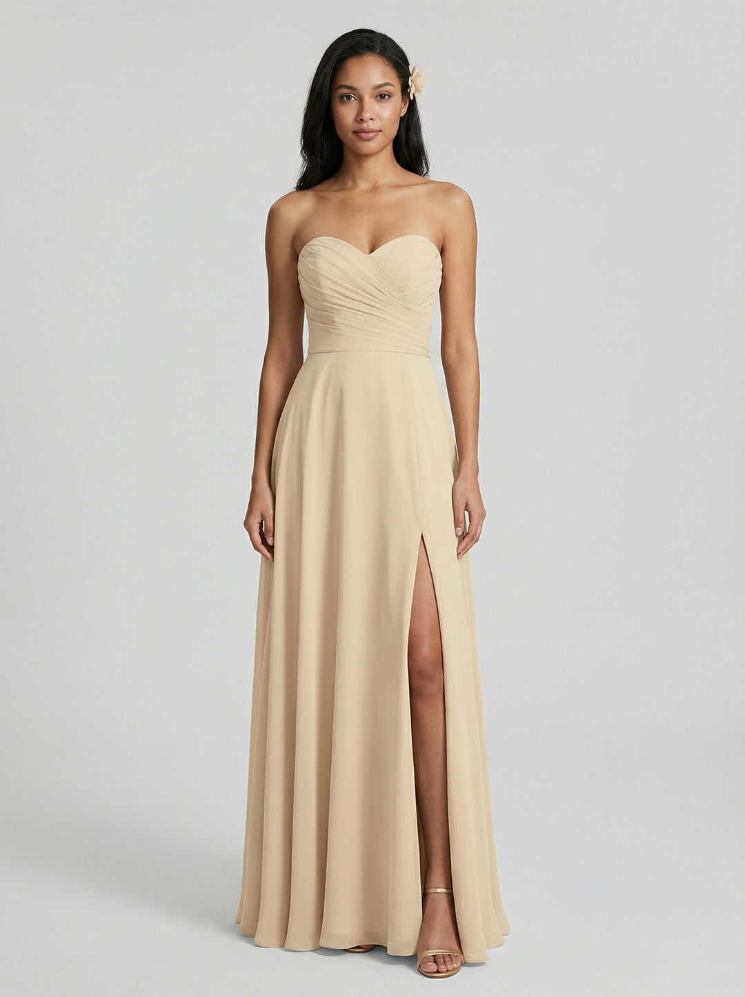 Sweet & Flowy Champagne Chiffon A-Line Sweetheart Criss-Cross Straps with Pleated Ankle-Length Bridesmaid Dress Tulle A-Line Straight Neck Criss-Cross Straps with Pleated Ankle-Length Bridesmaid Dress