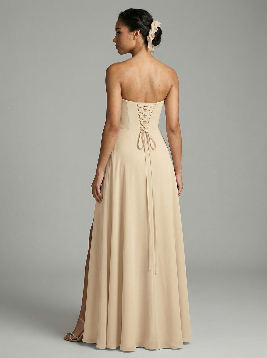 Sweet & Flowy Champagne Chiffon A-Line Sweetheart Criss-Cross Straps with Pleated Ankle-Length Bridesmaid Dress Tulle A-Line Straight Neck Criss-Cross Straps with Pleated Ankle-Length Bridesmaid Dress