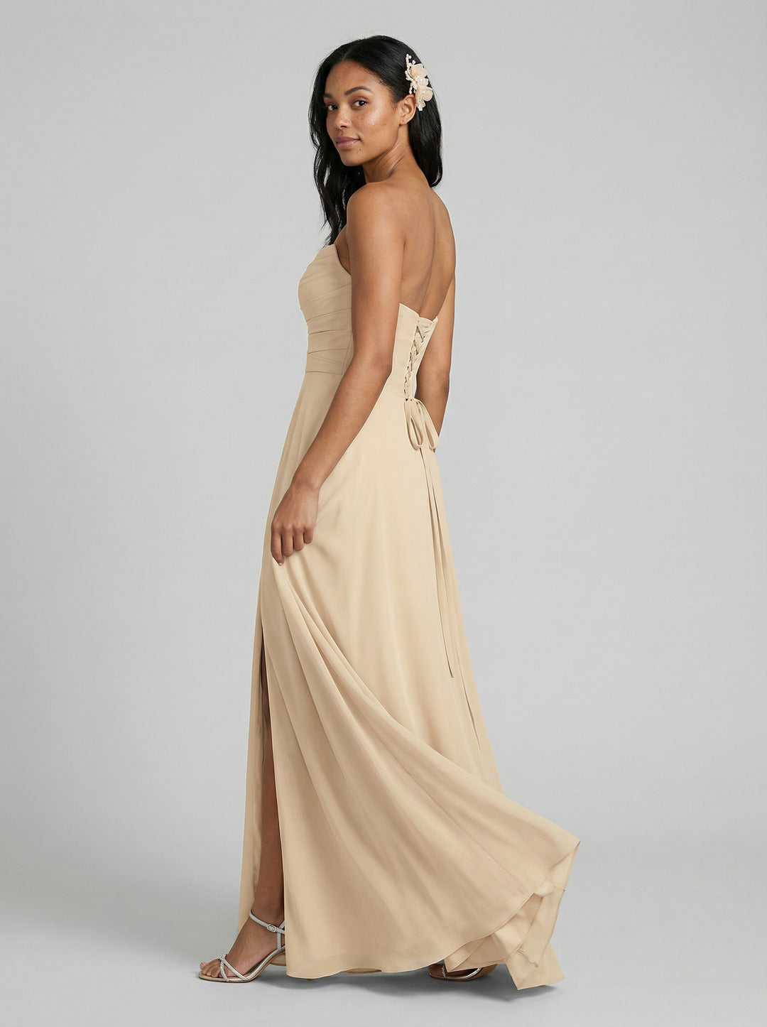 Sweet & Flowy Champagne Chiffon A-Line Sweetheart Criss-Cross Straps with Pleated Ankle-Length Bridesmaid Dress Tulle A-Line Straight Neck Criss-Cross Straps with Pleated Ankle-Length Bridesmaid Dress