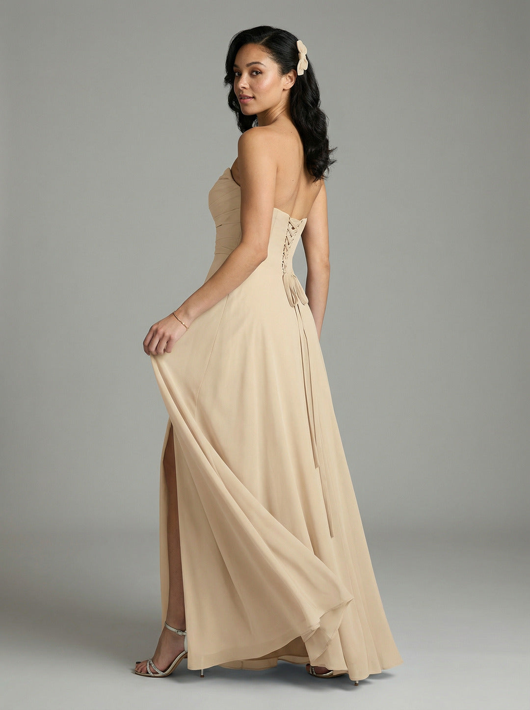 Sweet & Flowy Champagne Chiffon A-Line Sweetheart Criss-Cross Straps with Pleated Ankle-Length Bridesmaid Dress Tulle A-Line Straight Neck Criss-Cross Straps with Pleated Ankle-Length Bridesmaid Dress