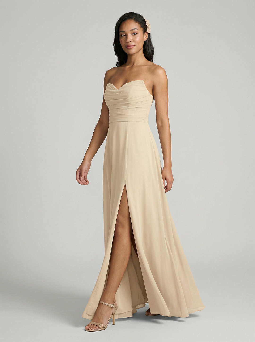 Sweet & Flowy Champagne Chiffon A-Line Sweetheart Criss-Cross Straps with Pleated Ankle-Length Bridesmaid Dress Tulle A-Line Straight Neck Criss-Cross Straps with Pleated Ankle-Length Bridesmaid Dress