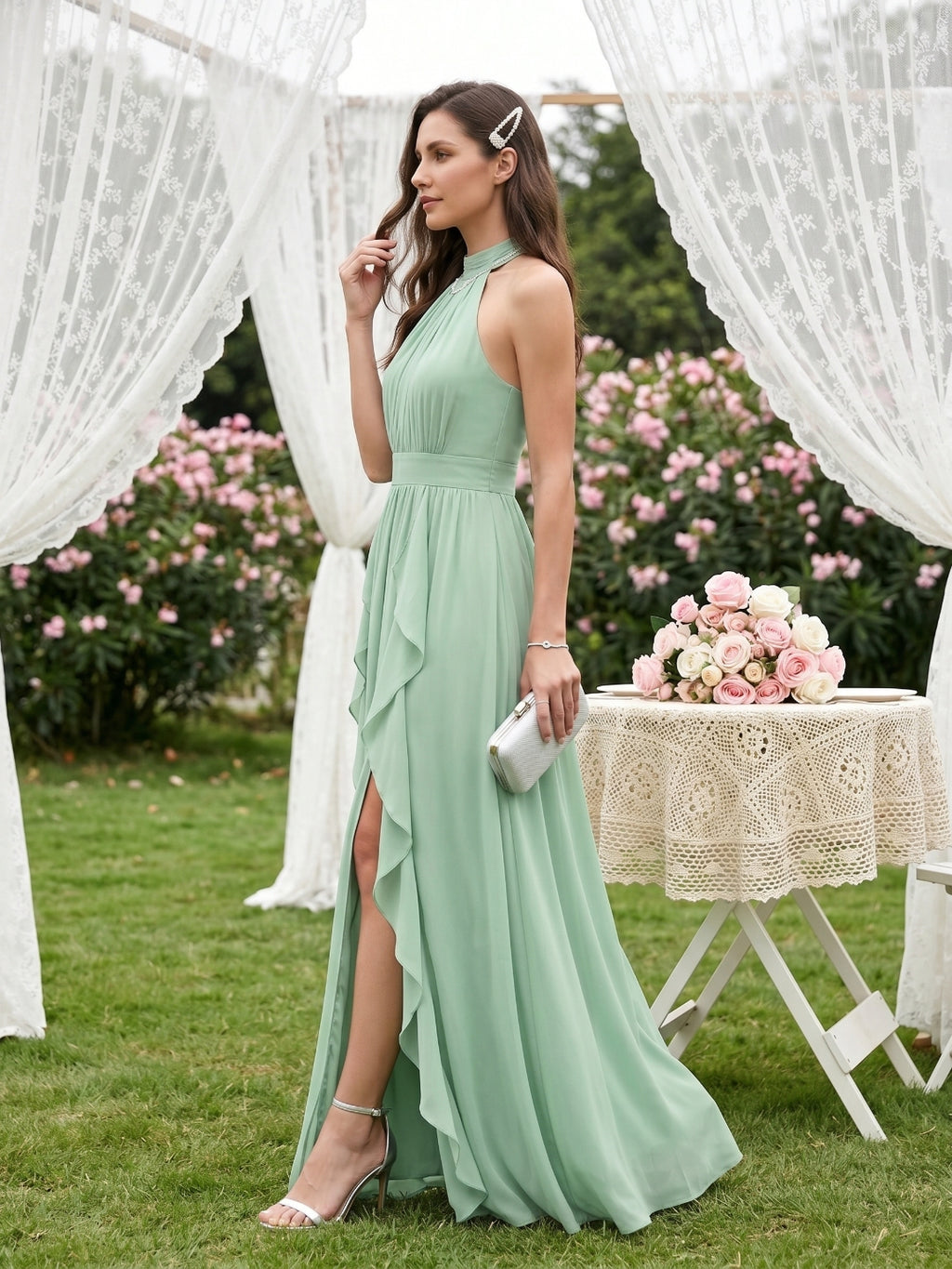 Sweet & Flowy Mint Green Chiffon A-Line Halter neckline Backless Ankle-Length  Bridesmaid Dress
