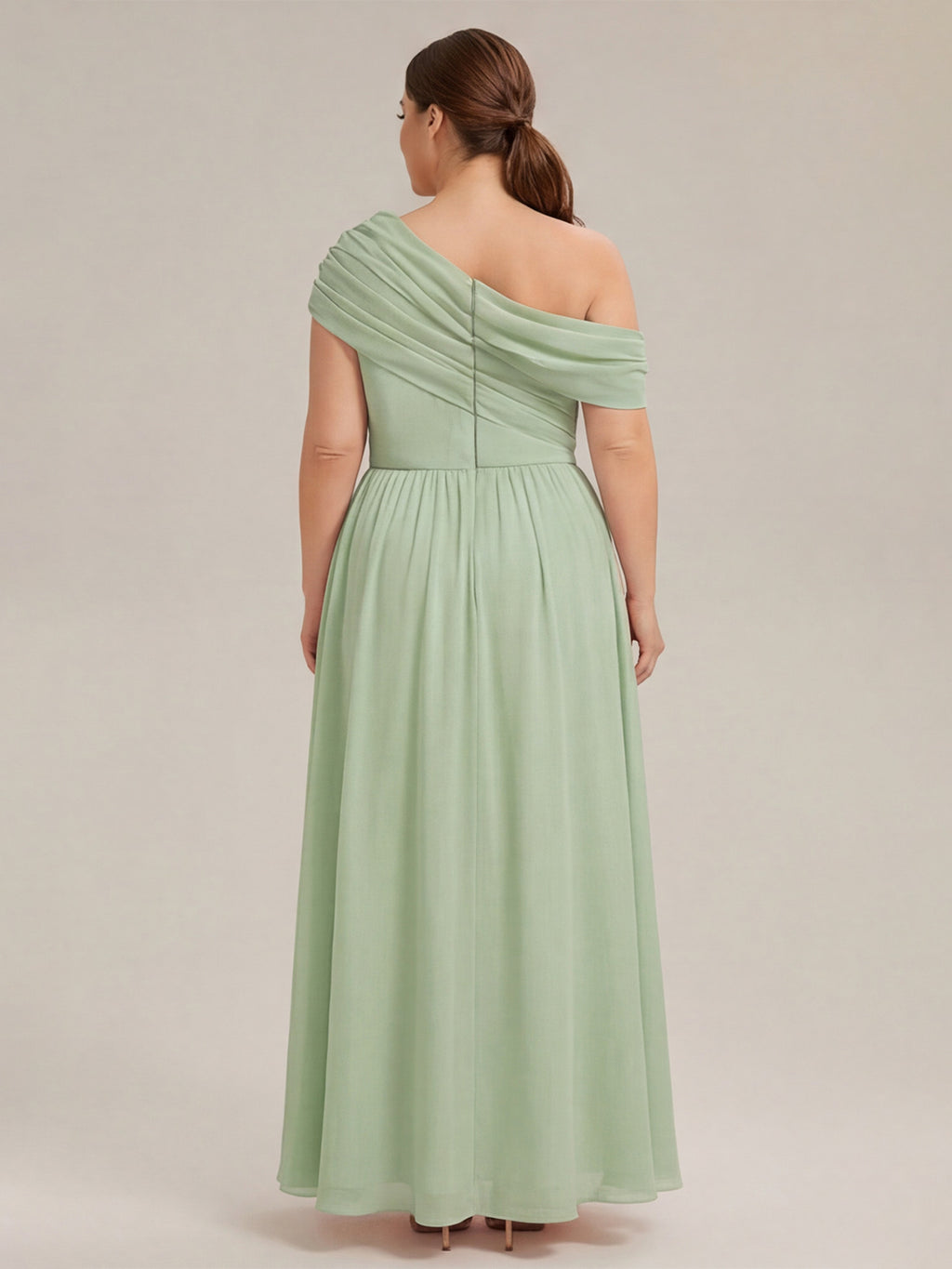 Sweet & Flowy Dusty Sage Chiffon A-Line One Shoulder Back Zip Ankle-Length Plus Size Bridesmaid Dress