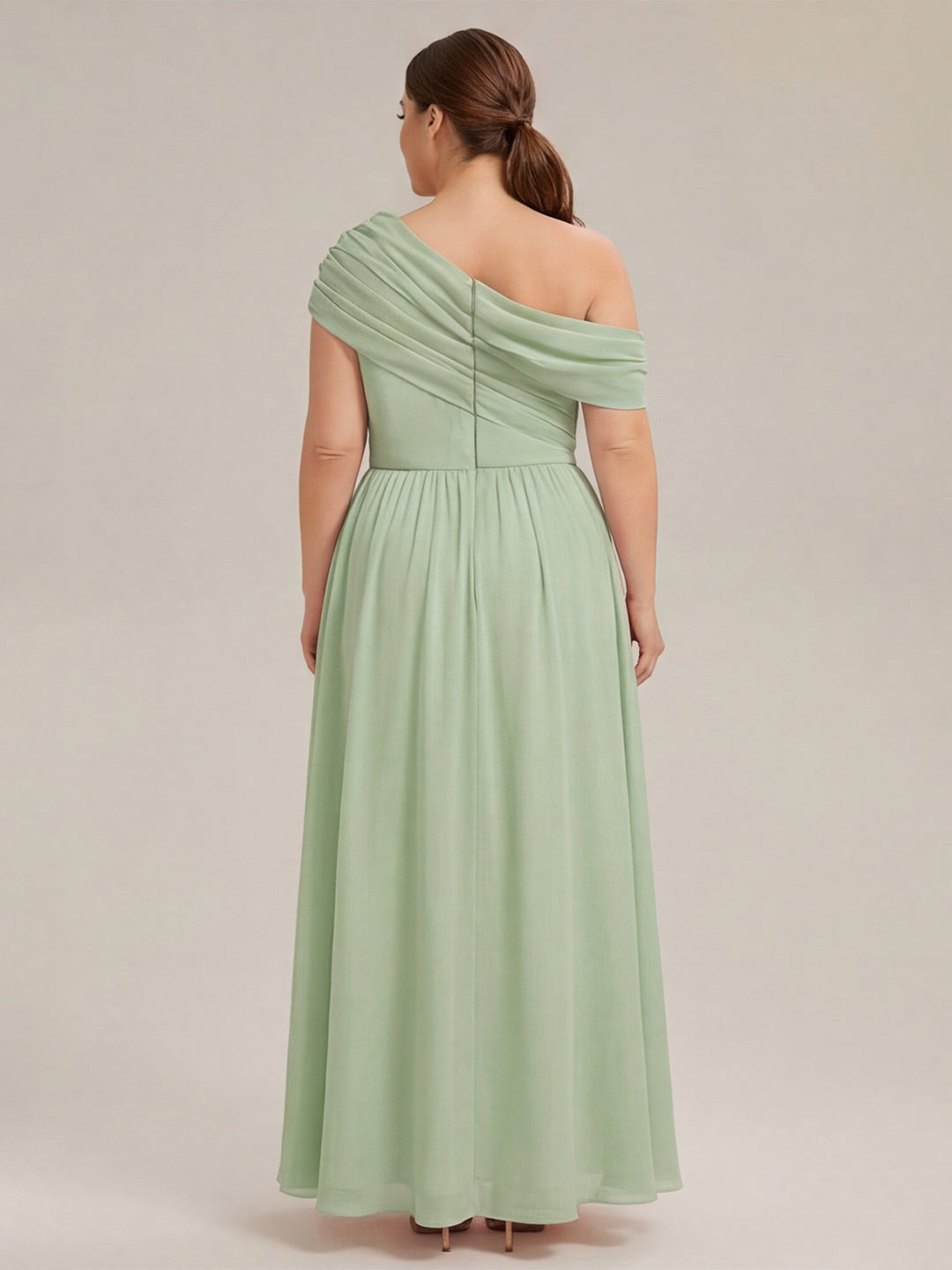 Sweet & Flowy Mint Green Chiffon A-Line One Shoulder Back Zip Ankle-Length Plus Size Bridesmaid Dress