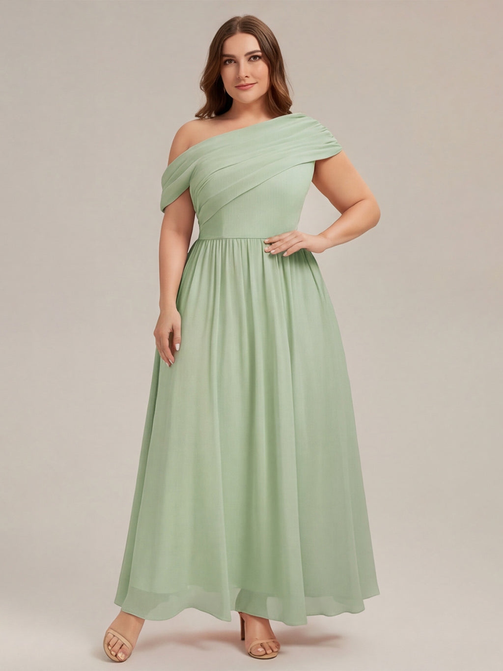 Sweet & Flowy Dusty Sage Chiffon A-Line One Shoulder Back Zip Ankle-Length Plus Size Bridesmaid Dress