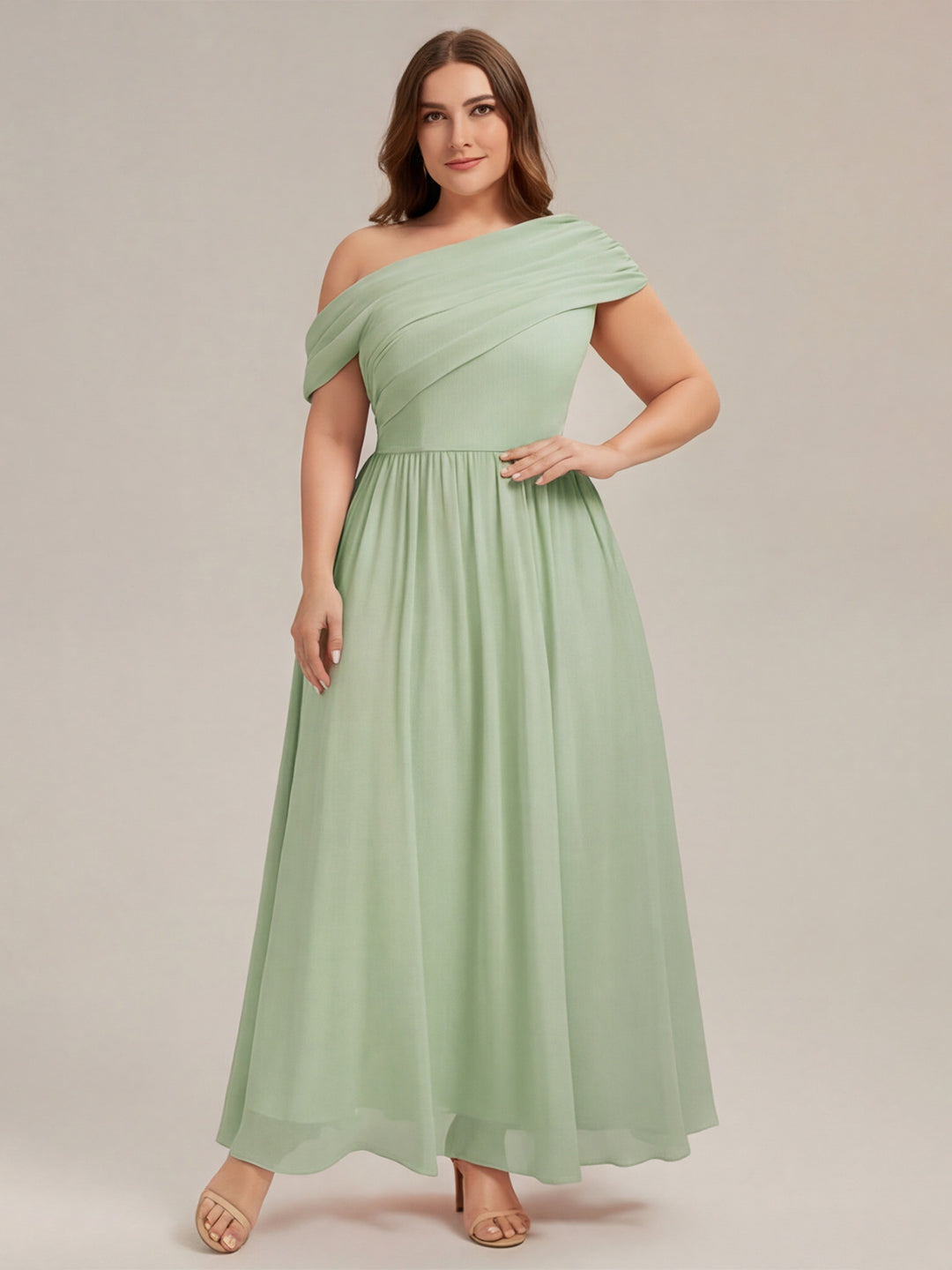 Sweet & Flowy Mint Green Chiffon A-Line One Shoulder Back Zip Ankle-Length Plus Size Bridesmaid Dress
