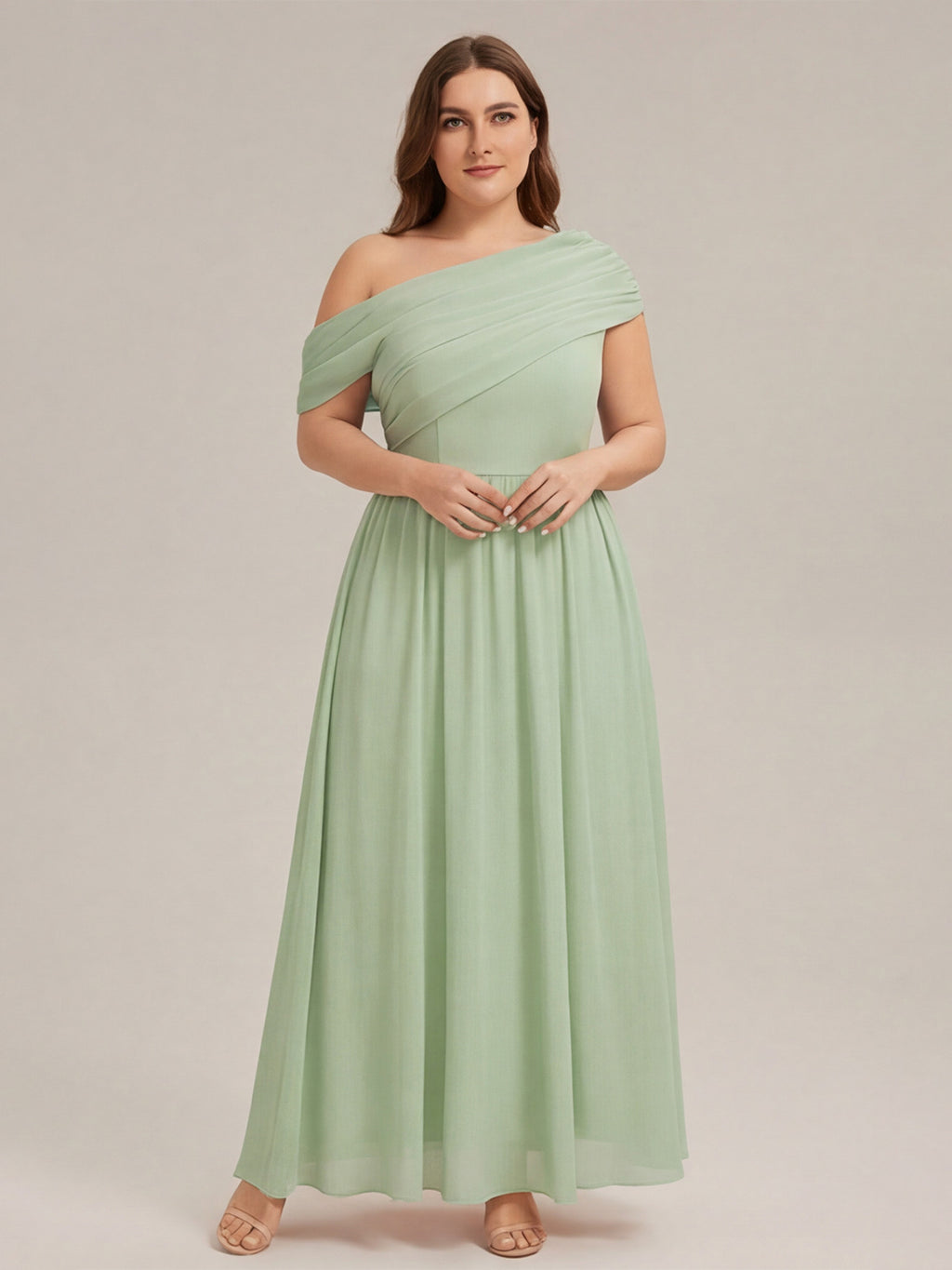 Sweet & Flowy Dusty Sage Chiffon A-Line One Shoulder Back Zip Ankle-Length Plus Size Bridesmaid Dress