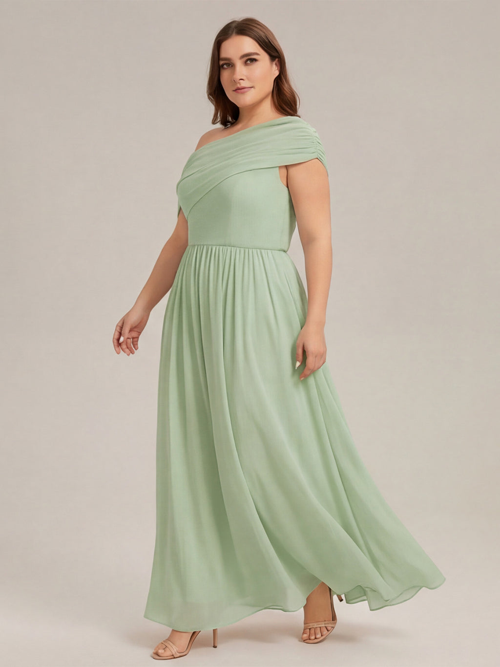 Sweet & Flowy Dusty Sage Chiffon A-Line One Shoulder Back Zip Ankle-Length Plus Size Bridesmaid Dress