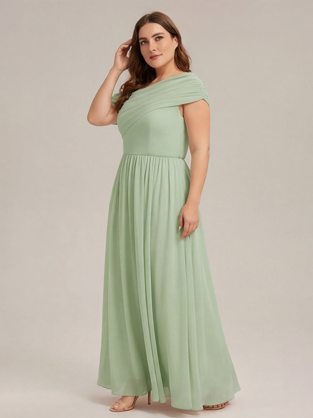 Sweet & Flowy Dusty Sage Chiffon A-Line One Shoulder Back Zip Ankle-Length Plus Size Bridesmaid Dress