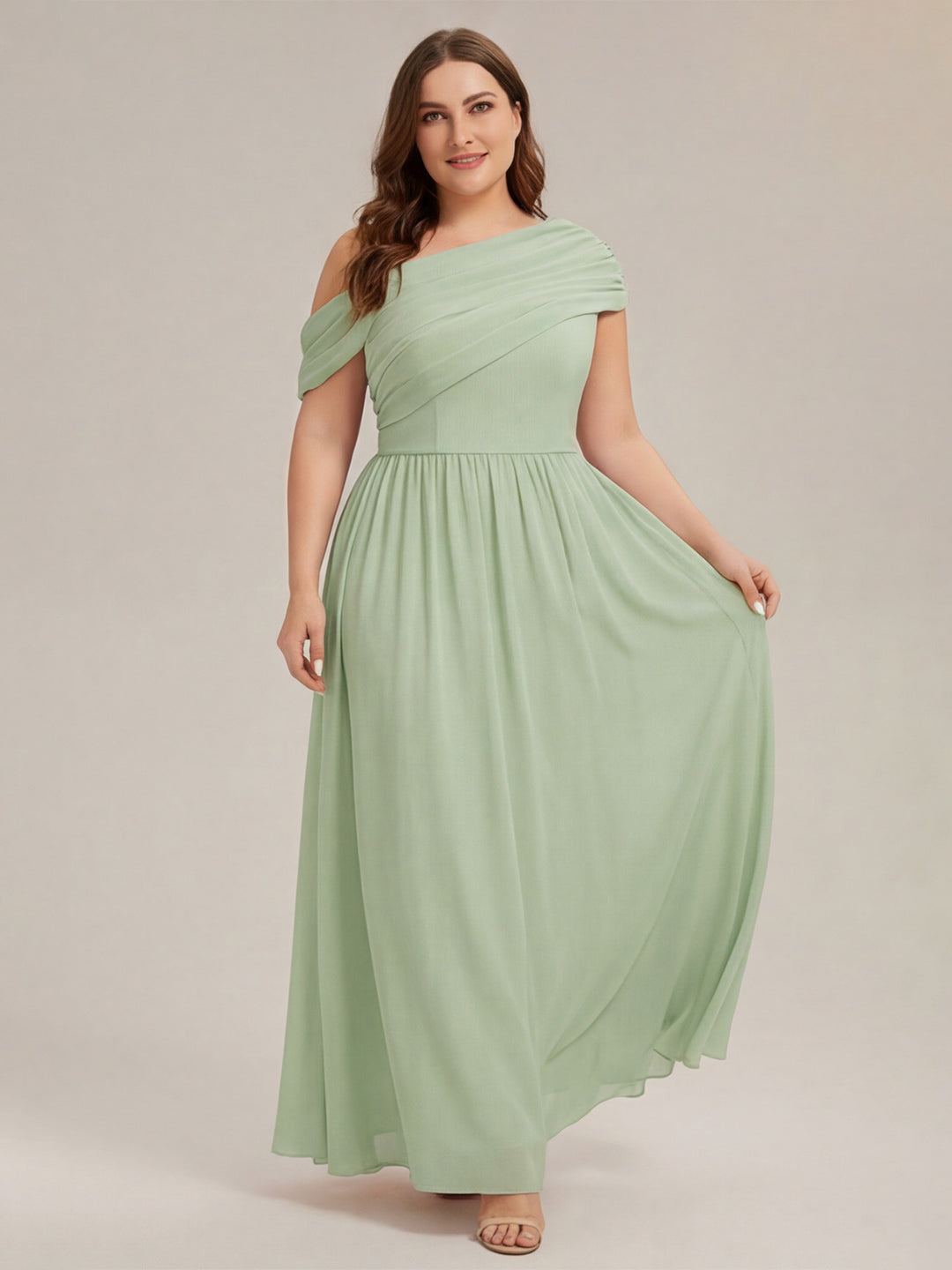 Sweet & Flowy Mint Green Chiffon A-Line One Shoulder Back Zip Ankle-Length Plus Size Bridesmaid Dress