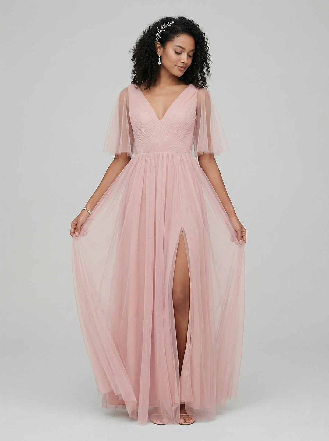 Sweet & Flowy Dusty Rose Tulle A-Line V-Neck Ankle-Length Bridesmaid Dress with Minimalist Design