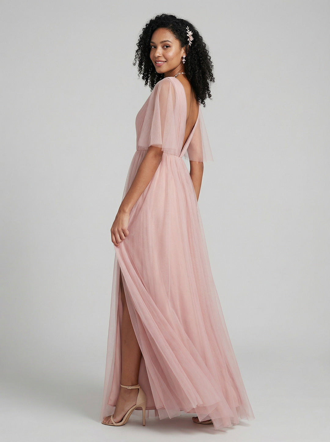 Sweet & Flowy Dusty Rose Tulle A-Line V-Neck Ankle-Length Bridesmaid Dress with Minimalist Design