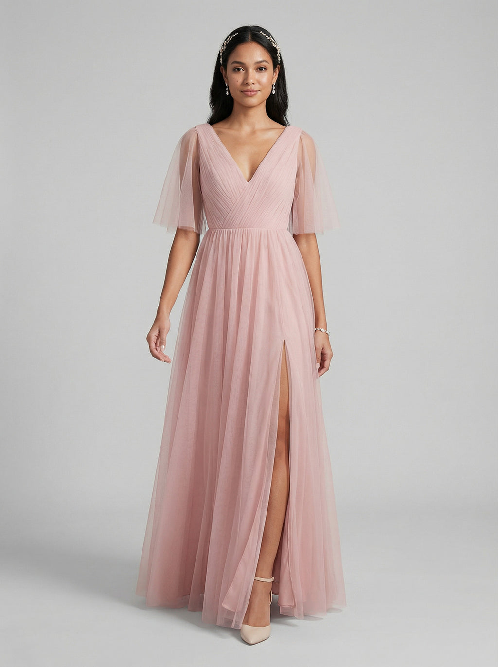 Sweet & Flowy Dusty Rose Tulle A-Line V-Neck Ankle-Length Bridesmaid Dress with Minimalist Design