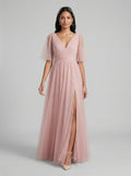 Sweet & Flowy Dusty Rose Tulle A-Line V-Neck Ankle-Length Bridesmaid Dress with Minimalist Design