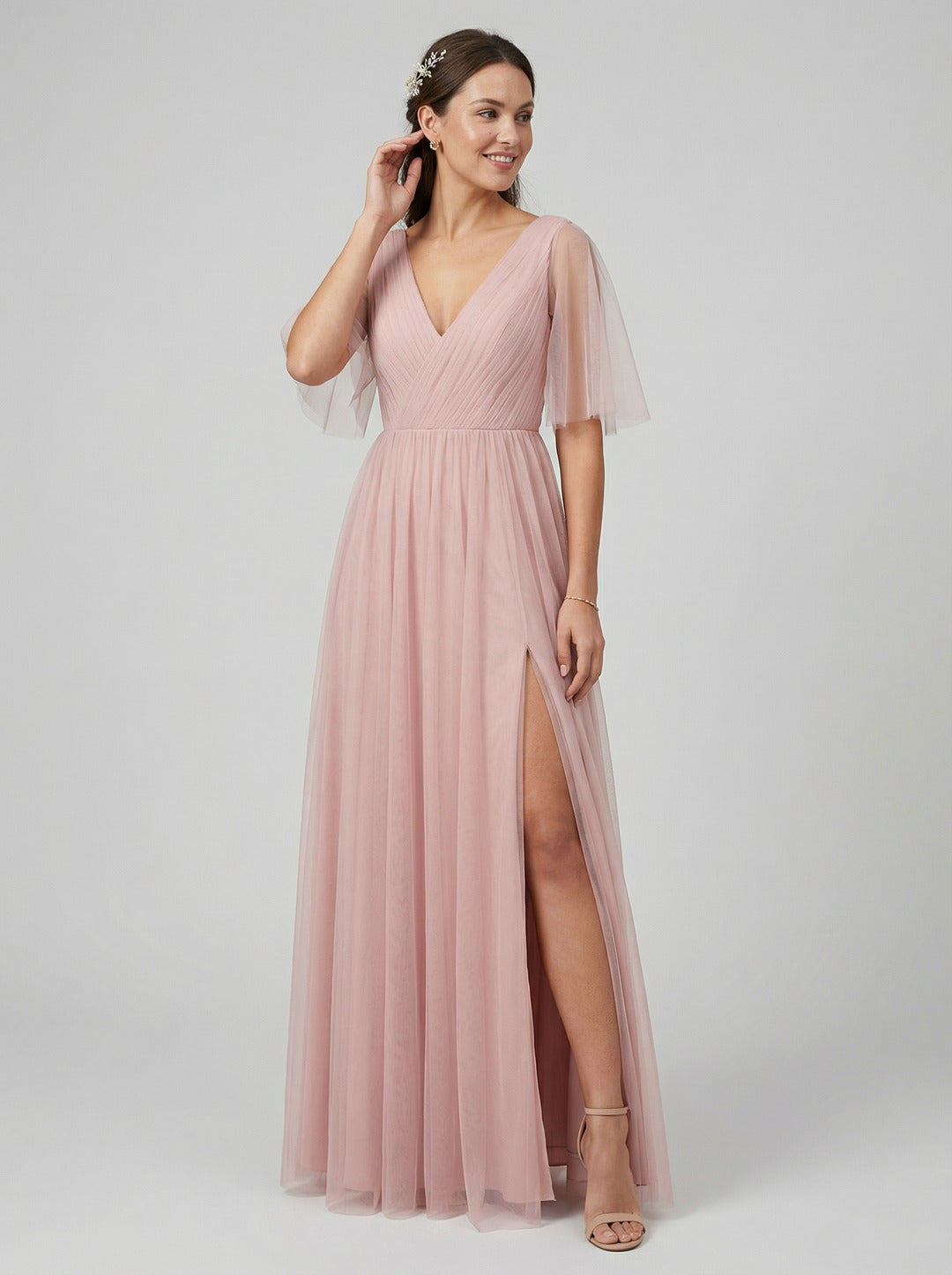 Sweet & Flowy Dusty Rose Tulle A-Line V-Neck Ankle-Length Bridesmaid Dress with Minimalist Design