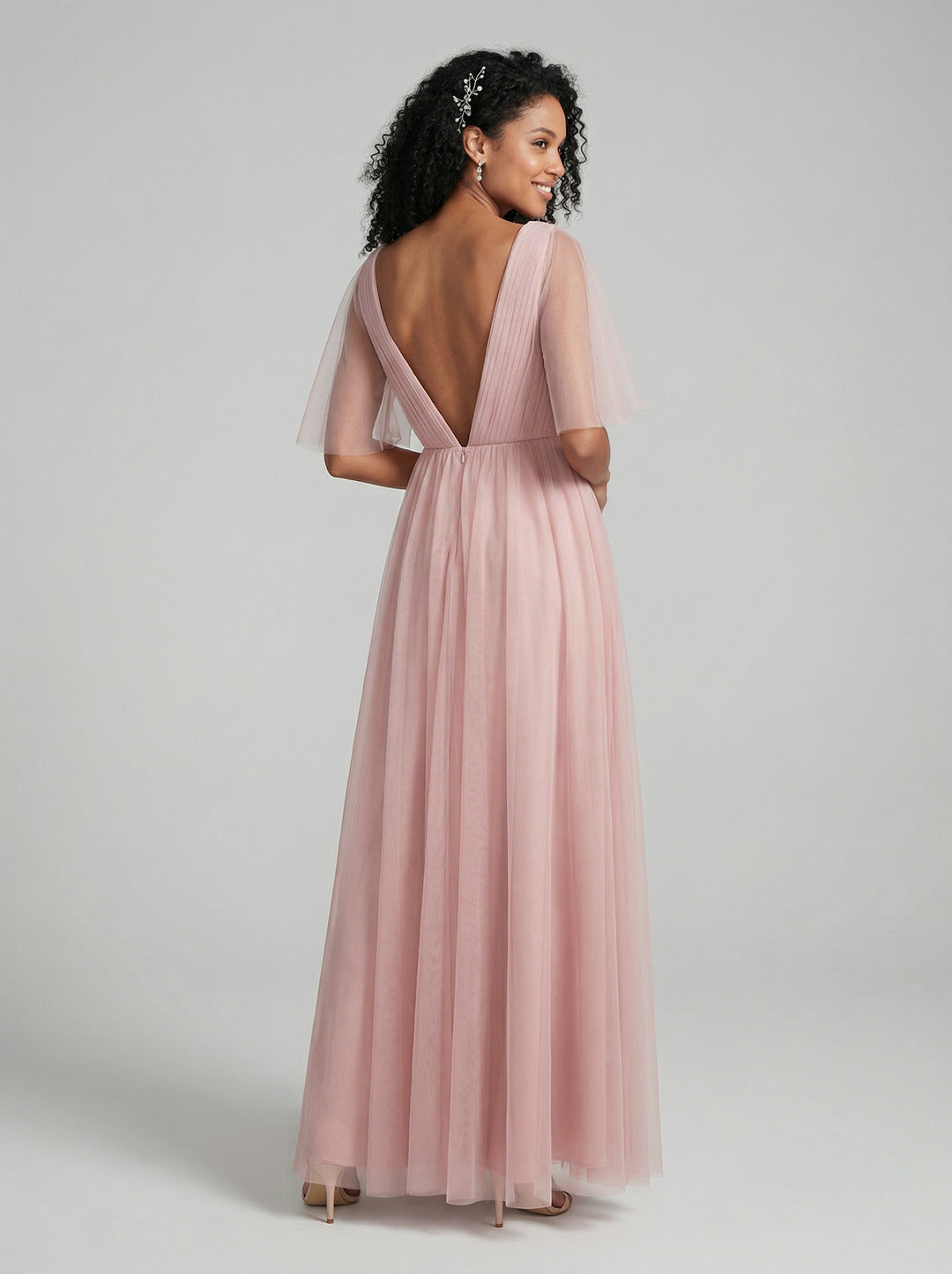 Sweet & Flowy Dusty Rose Tulle A-Line V-Neck Ankle-Length Bridesmaid Dress with Minimalist Design