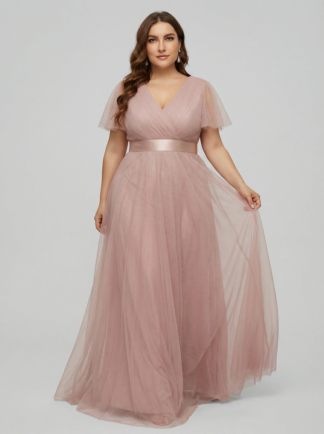 Sweet & Flowy Dusty Rose Tulle Empire V-Neck Back Zip Ankle-Length Plus Size Bridesmaid Dress