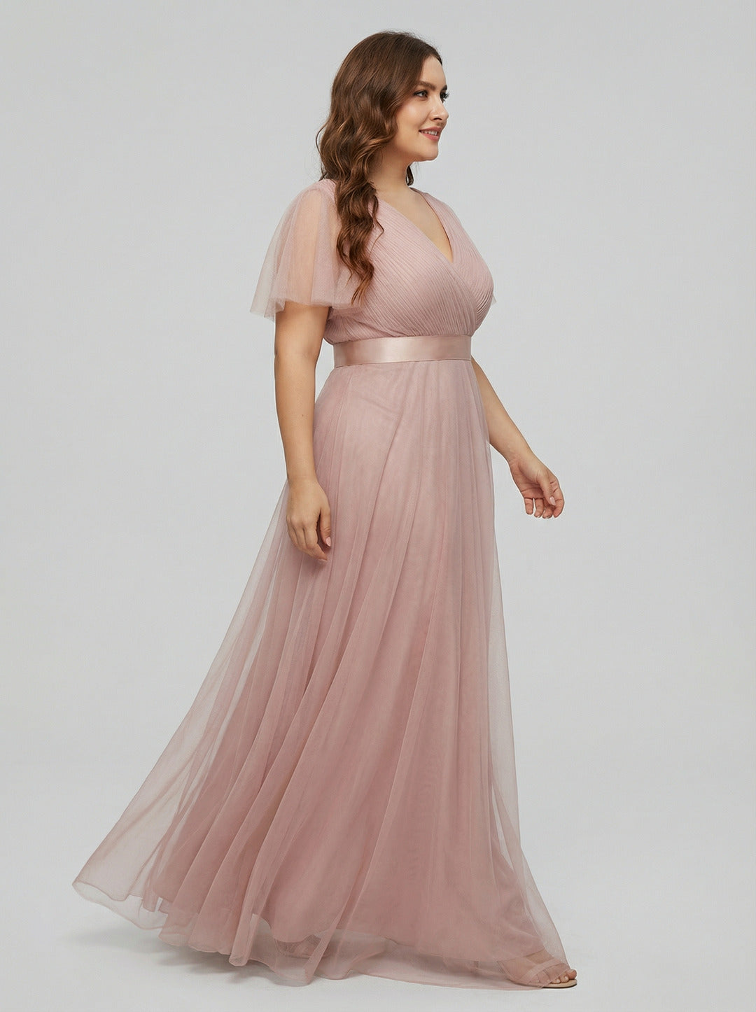 Sweet & Flowy Dusty Rose Tulle Empire V-Neck Back Zip Ankle-Length Plus Size Bridesmaid Dress