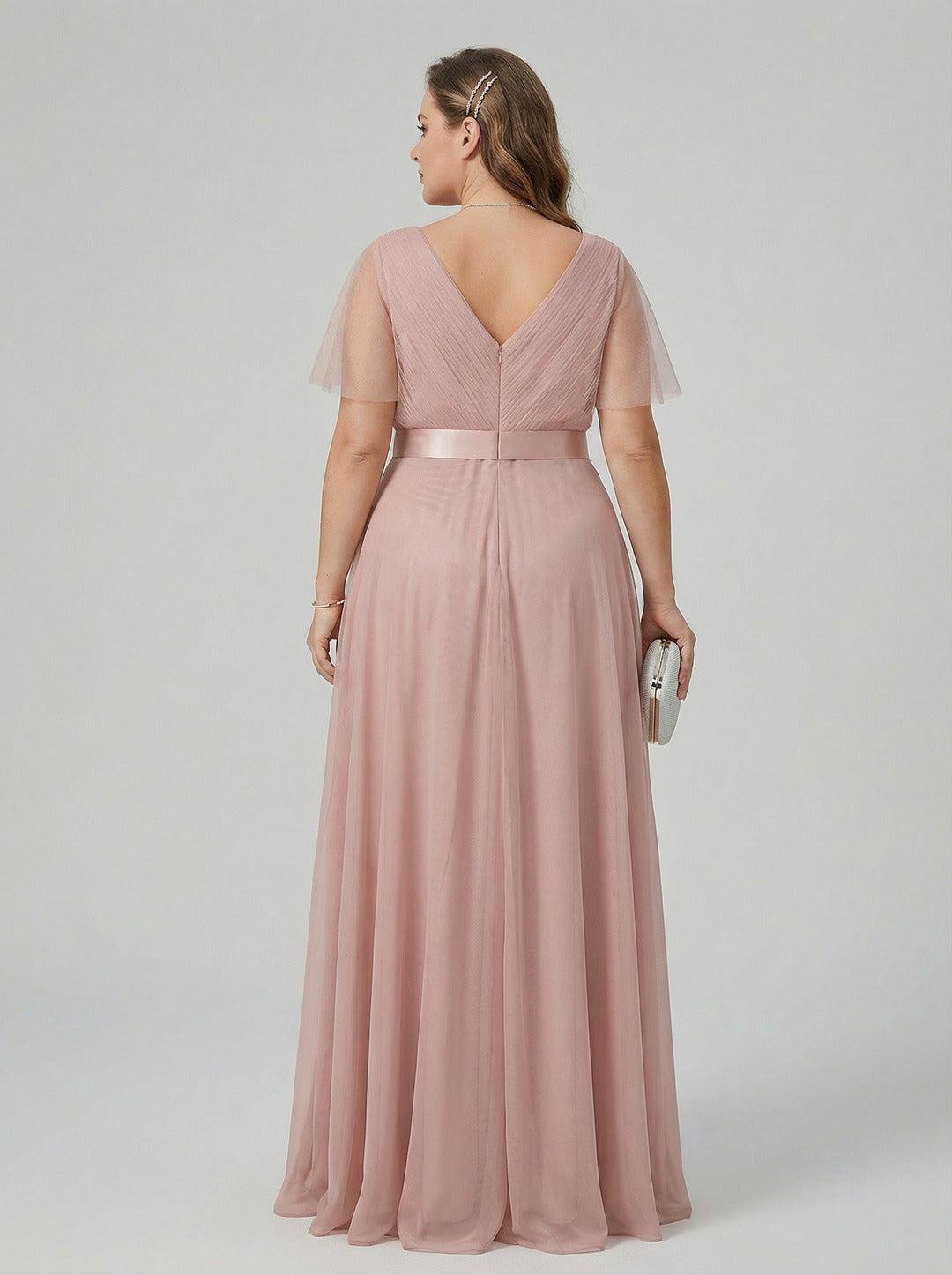 Sweet & Flowy Dusty Rose Tulle Empire V-Neck Back Zip Ankle-Length Plus Size Bridesmaid Dress
