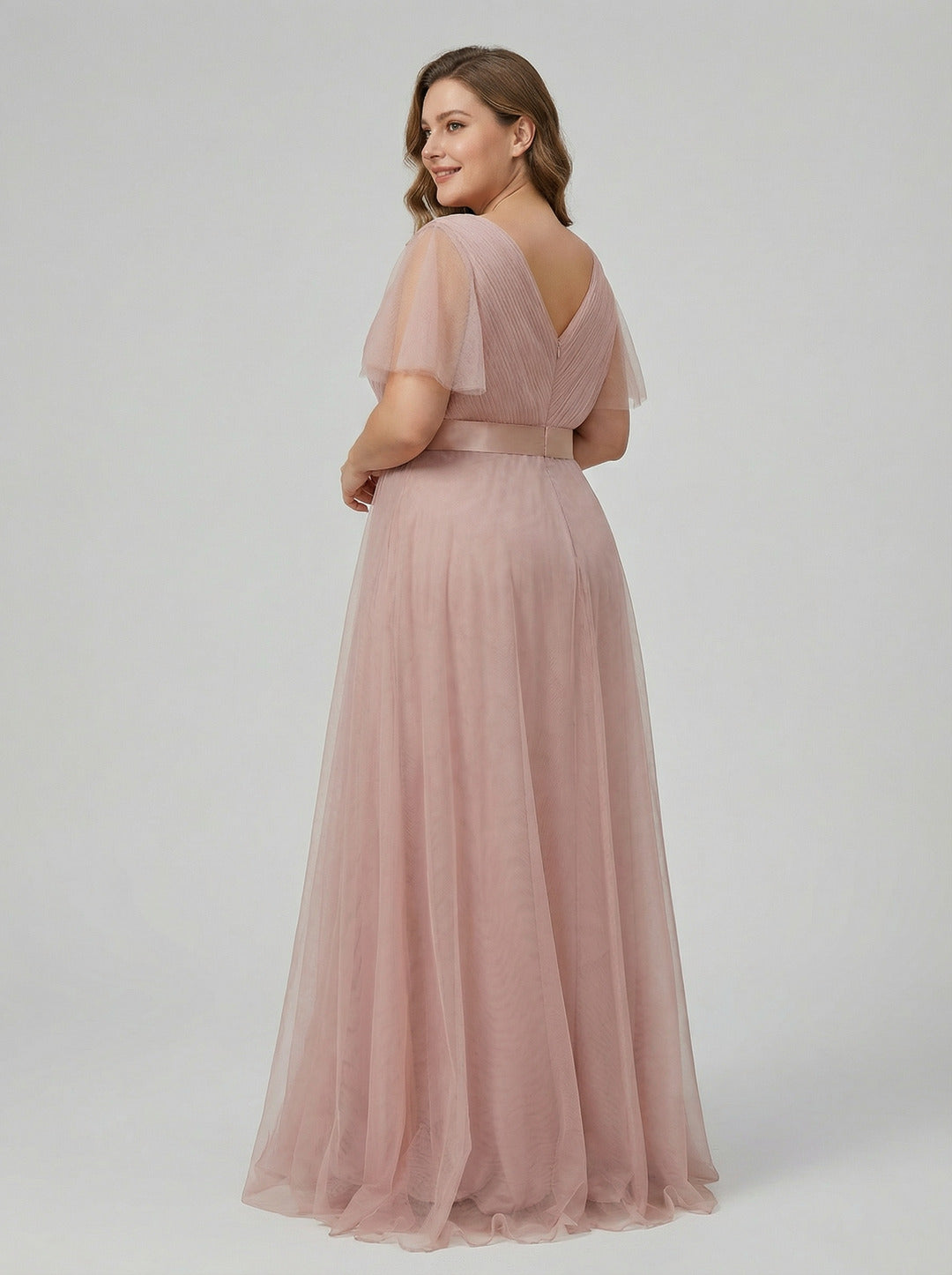 Sweet & Flowy Dusty Rose Tulle Empire V-Neck Back Zip Ankle-Length Plus Size Bridesmaid Dress