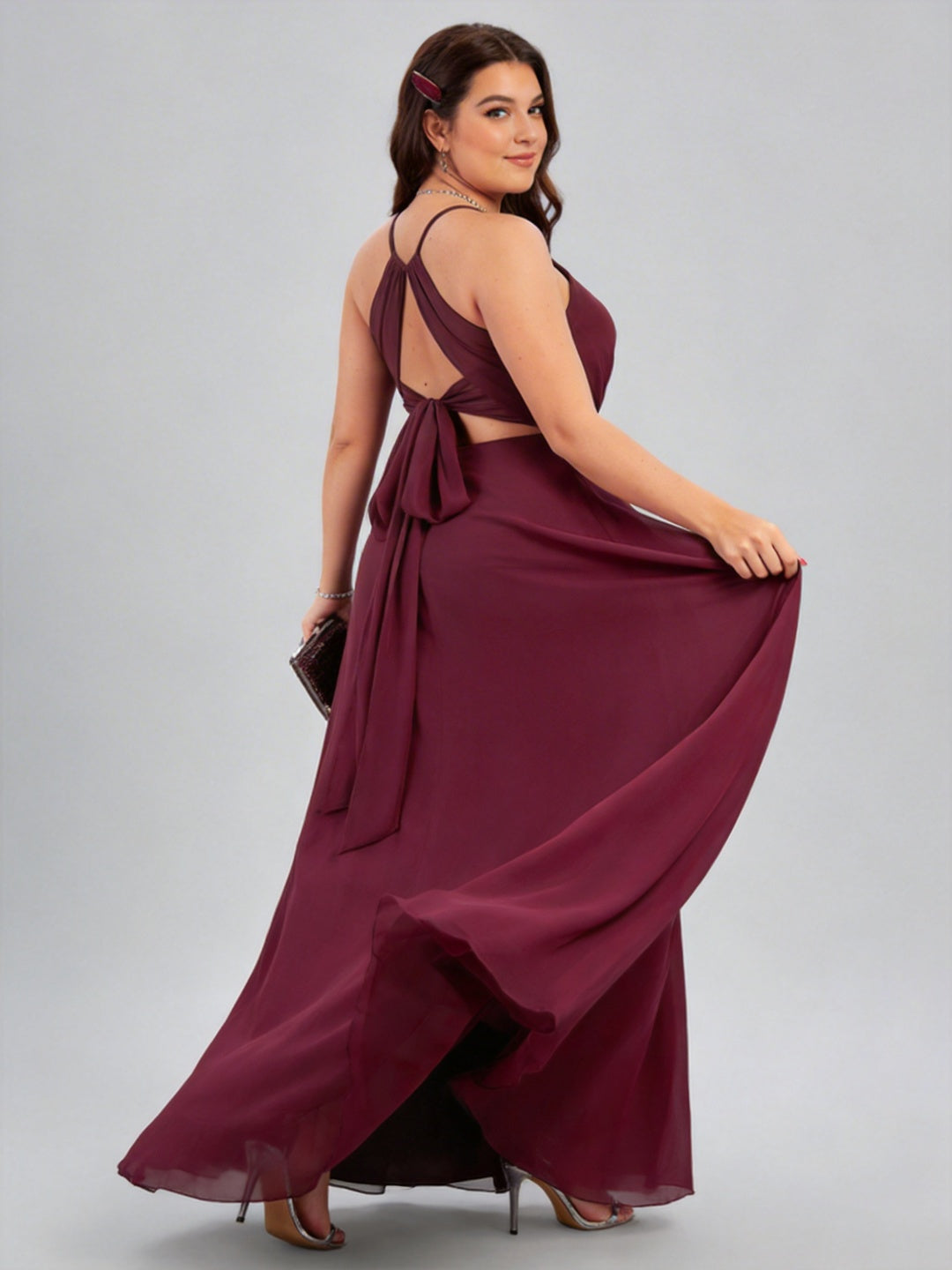 Sweet & Flowy Rosewood Chiffon A-Line Halter neckline Ankle-Length Plus Size Bridesmaid Dress