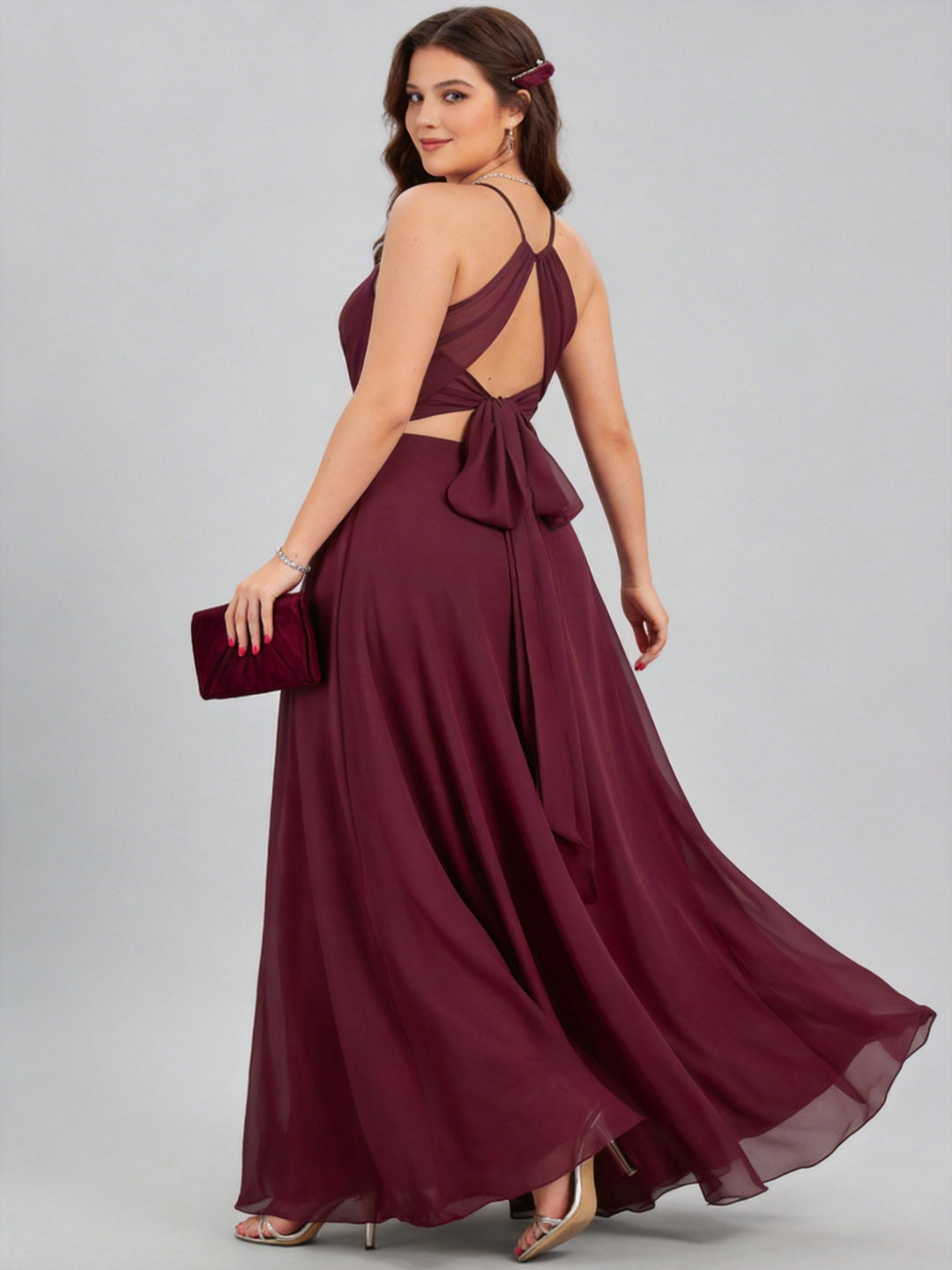Sweet & Flowy Rosewood Chiffon A-Line Halter neckline Ankle-Length Plus Size Bridesmaid Dress